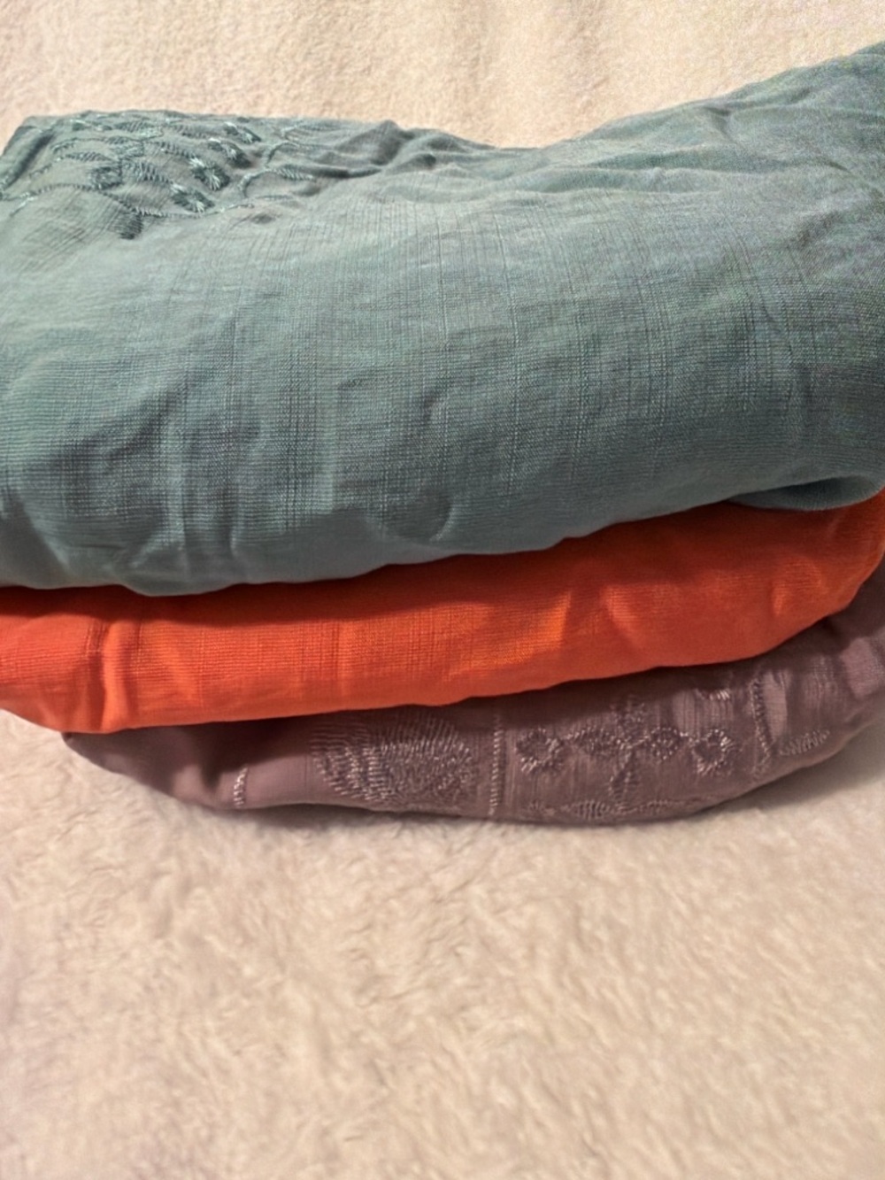 Stack of Three Soft Knit Tops in Teal, Orange & Mauve